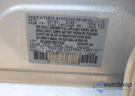 2021 Nissan Sentra Sv Xtronic Cvt z USA, uszkodzony, nr VIN 3N1AB8CV7MY270538